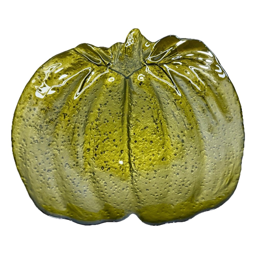 Olive Green Glass‎ Pumpkin Plate Bowl Fall Autumn Decor 11.5" Gloss EUC
